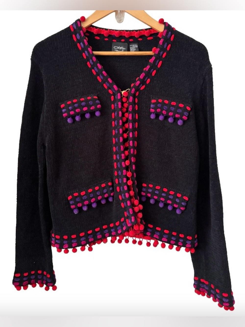 Christine Rotelli VTG Blk chenille lady jkt w stitching & Pom Pom trim SZ M